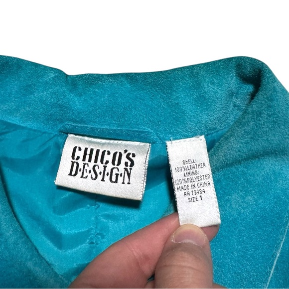CHICO’S DESIGN‎ SUEDE LEATHER TURQUOISE BUTTERFLY EMBELLISHED JACKET SZ 1 - Picture 8 of 9